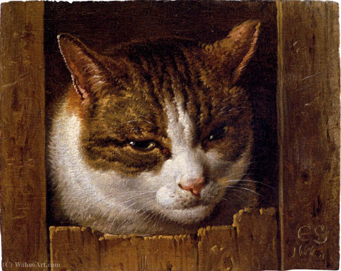 WikiOO.org - Enciclopédia das Belas Artes - Pintura, Arte por Cornelis Saftleven (Cornelis Zachtleven) - A cat peeping through a fence