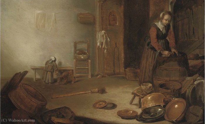Wikioo.org - The Encyclopedia of Fine Arts - Painting, Artwork by Cornelis Saftleven (Cornelis Zachtleven) - A kitchen interior with a maid cleaning