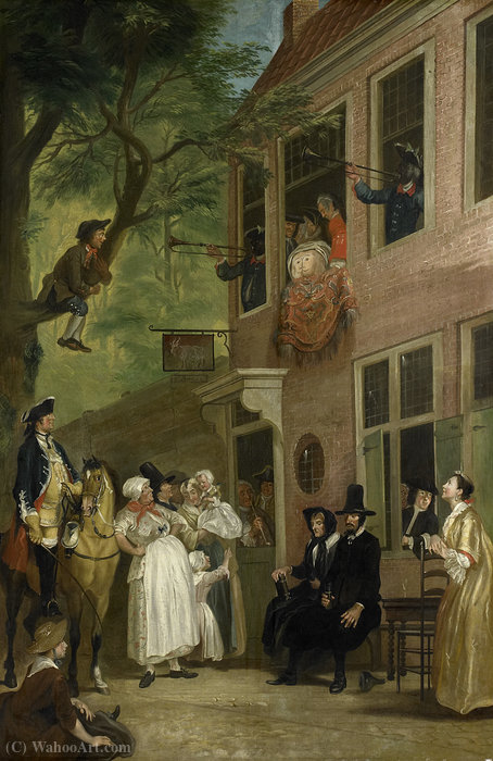 WikiOO.org - 百科事典 - 絵画、アートワーク Cornelis Troost - ラスカルズの大使がHaarlemmerhoutでトンBokkiタバーン」の窓から身を公開