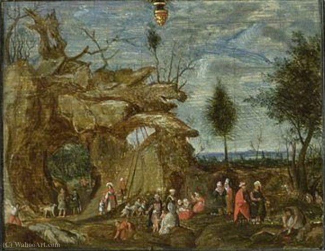 Wikioo.org - The Encyclopedia of Fine Arts - Painting, Artwork by Cornelis Van Dalem - Rocky landscape with nomads