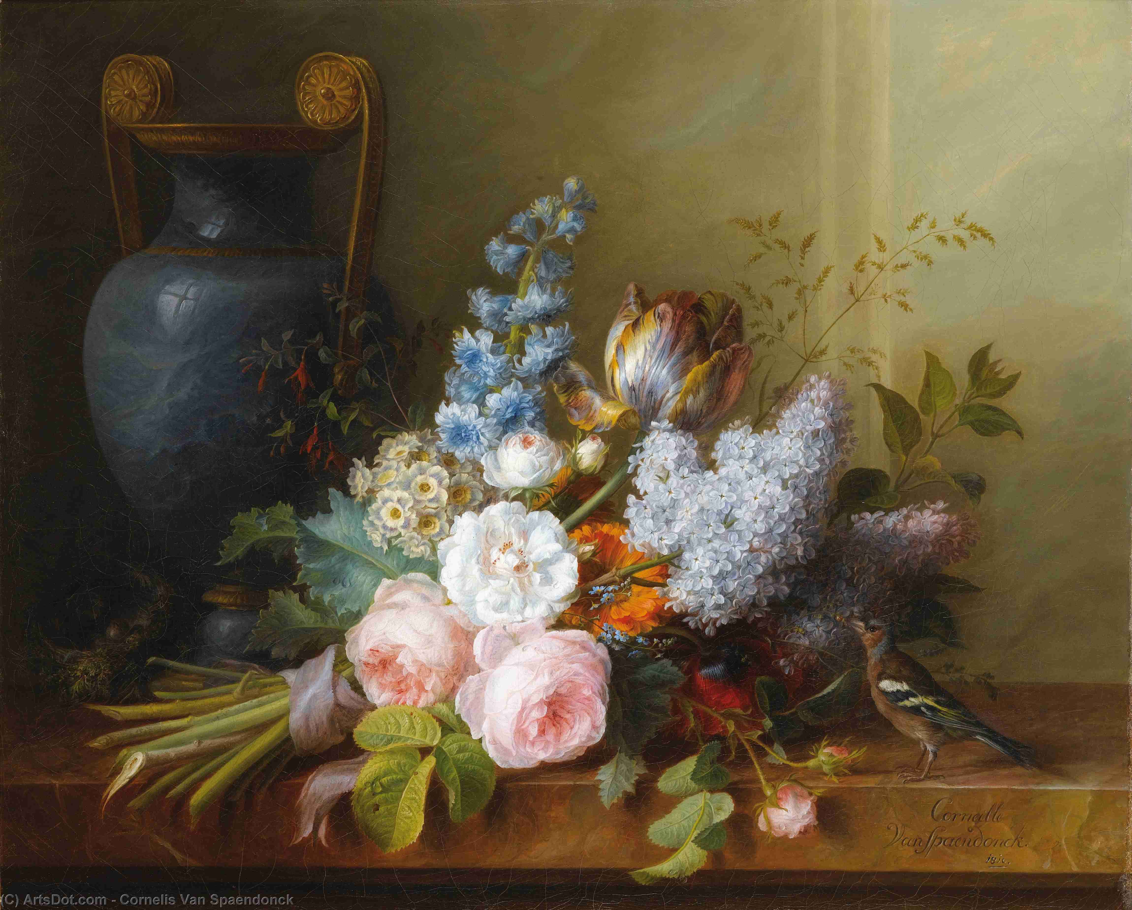Wikioo.org - The Encyclopedia of Fine Arts - Painting, Artwork by Cornelis Van Spaendonck - Flower bunch with a bird nest