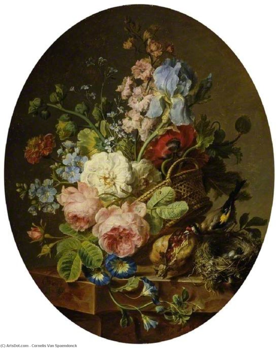 Wikioo.org - The Encyclopedia of Fine Arts - Painting, Artwork by Cornelis Van Spaendonck - Open wicker basket of mixed flowers, including iris, roses, poppies, hollyhock, marigold, larkspur and convolvulus on a marble ledge