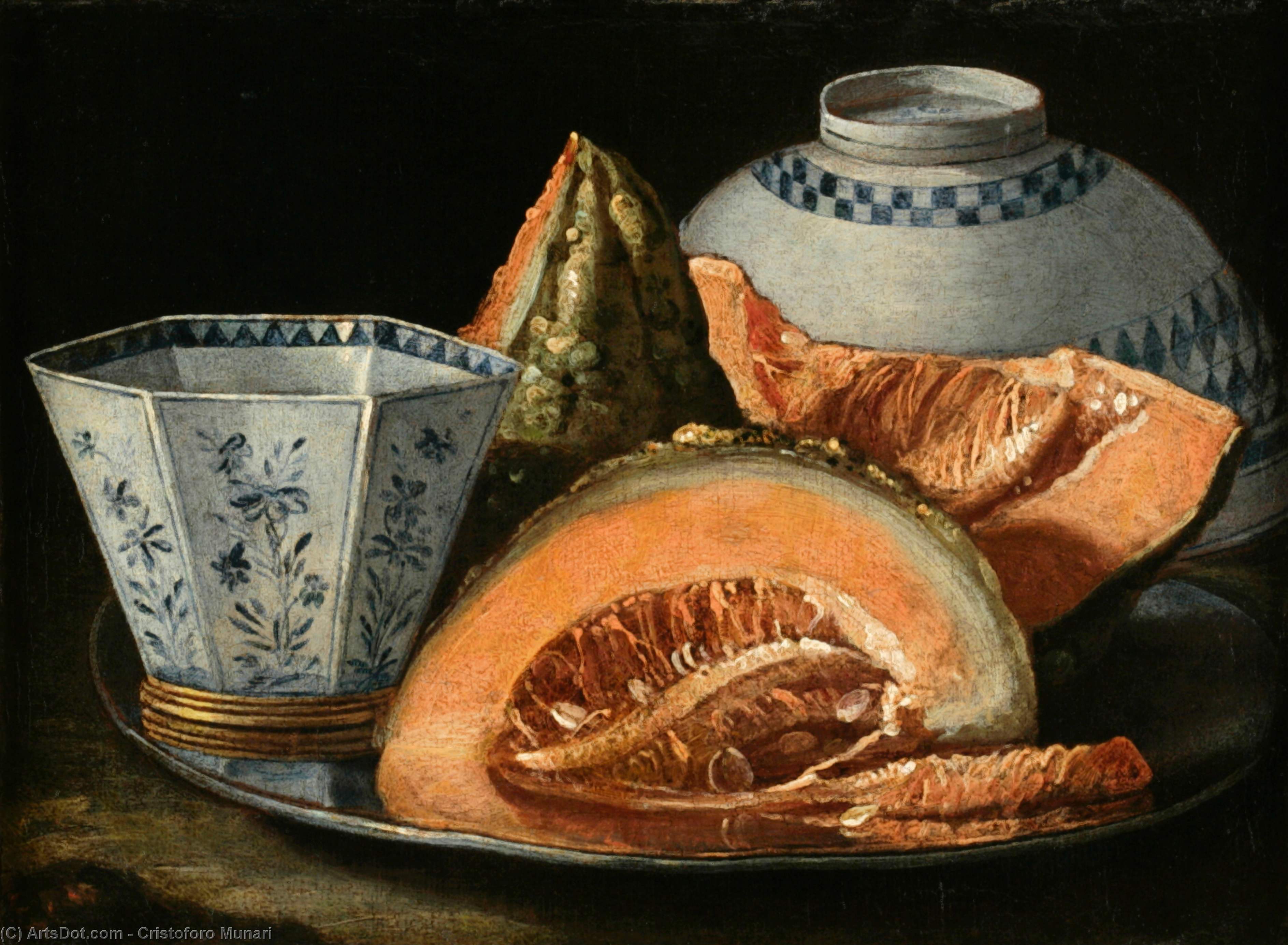 Wikioo.org - The Encyclopedia of Fine Arts - Painting, Artwork by Cristoforo Munari - A Still-Life with Melon, an octagonal blue and white cup on a Silver Charger