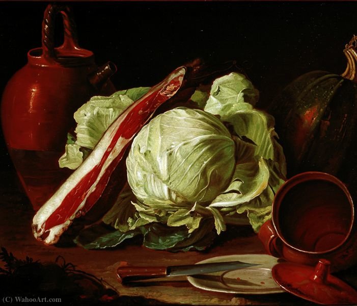 Wikioo.org - The Encyclopedia of Fine Arts - Painting, Artwork by Cristoforo Munari - Earthenware, pumpkin, cabbage, pork shoulder and plate with knife dishes, pottery clay and pewter, steak and roosters