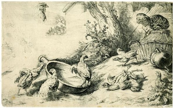 WikiOO.org - Encyclopedia of Fine Arts - Lukisan, Artwork Daniel Ii Schultz - Chickens and a cat.