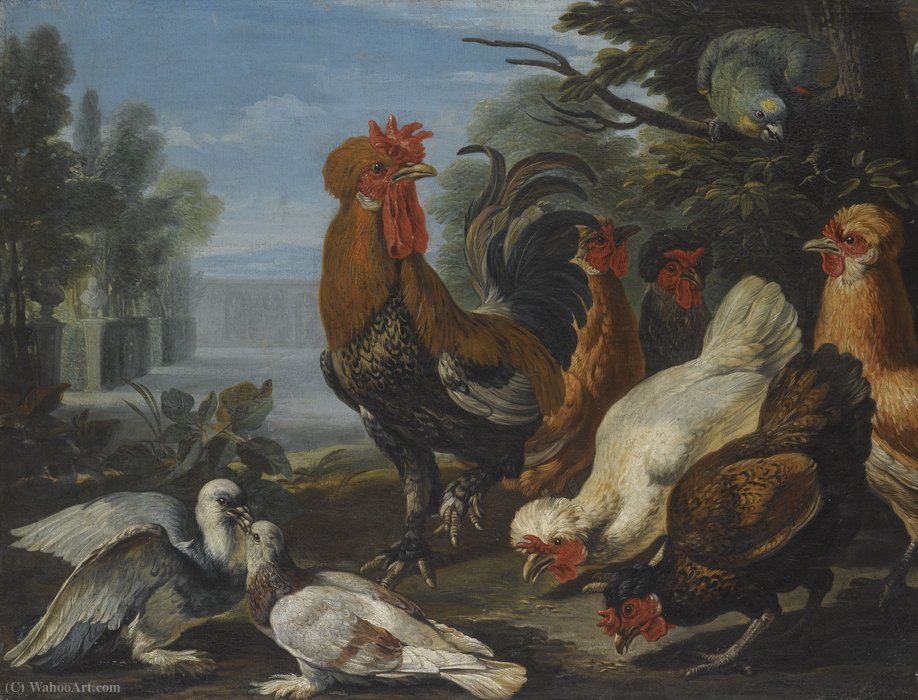 Wikioo.org - The Encyclopedia of Fine Arts - Painting, Artwork by David De Coninck - A cockerel, hens, doves and a parrot in a formal garden setting