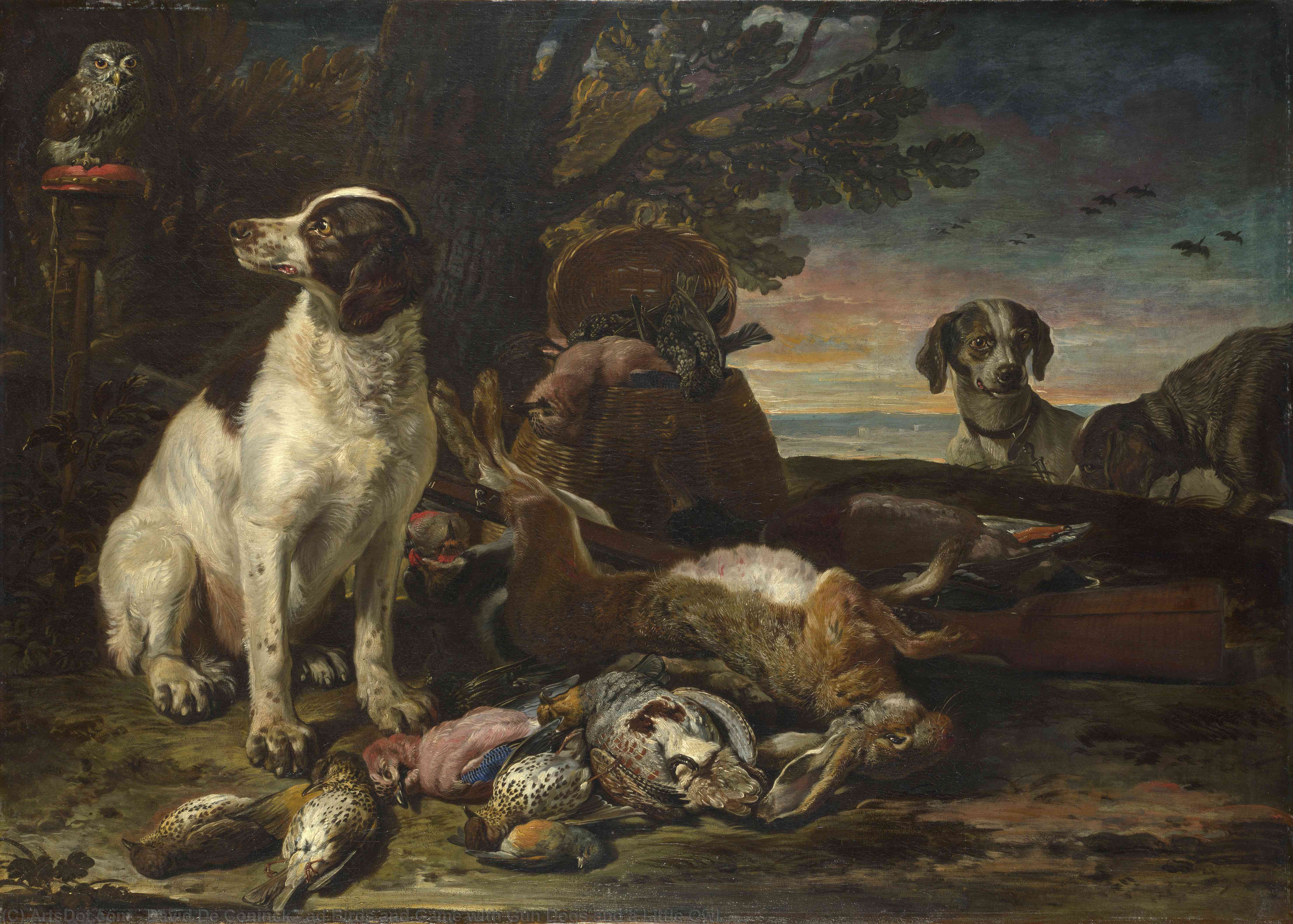 Wikioo.org - The Encyclopedia of Fine Arts - Painting, Artwork by David De Coninck - ad Birds and Game with Gun Dogs and a Little Owl