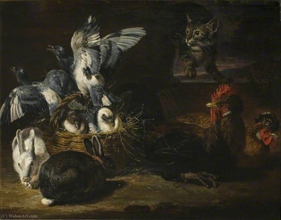 WikiOO.org - 百科事典 - 絵画、アートワーク David De Coninck - 家禽や猫