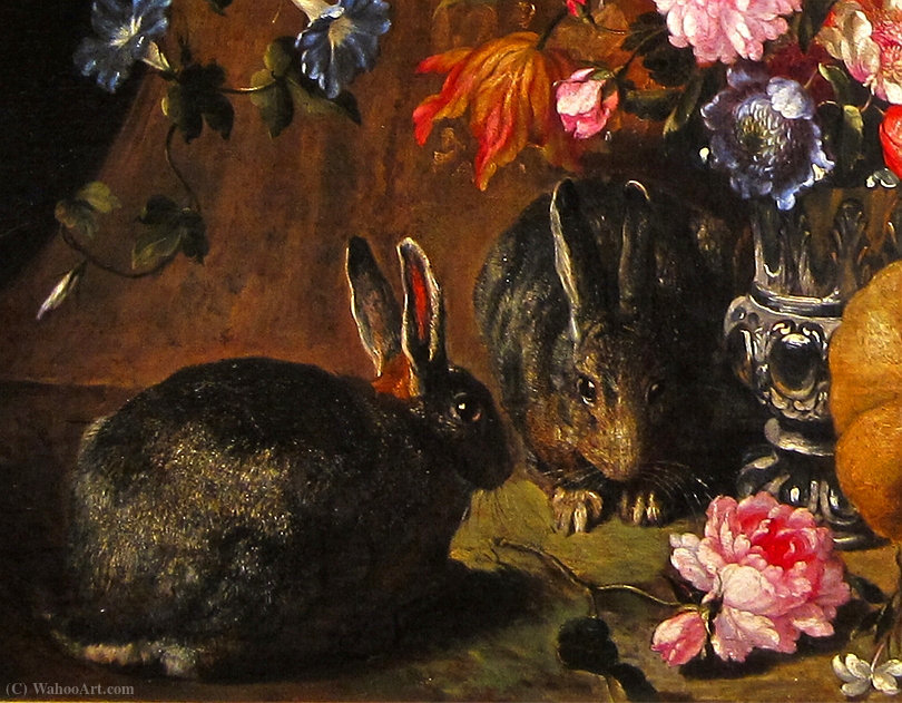 Wikioo.org – La Enciclopedia de las Bellas Artes - Pintura, Obras de arte de David De Coninck - Bodegón de frutas y flores con los animales