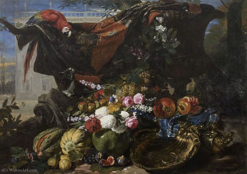 Wikioo.org - The Encyclopedia of Fine Arts - Painting, Artwork by David De Coninck - Still life with fighting cat and parrot