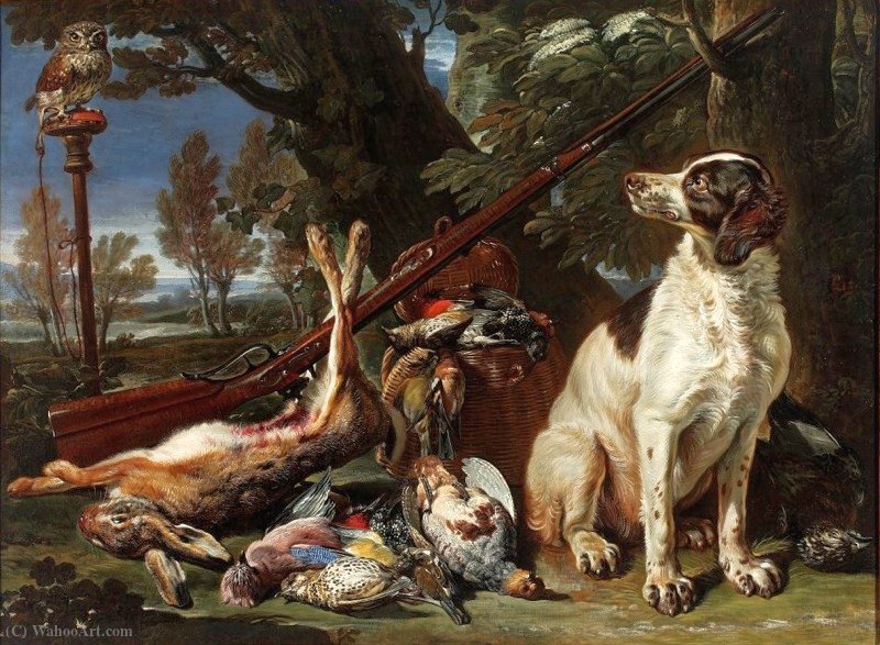 Wikioo.org – La Enciclopedia de las Bellas Artes - Pintura, Obras de arte de David De Coninck - Trofeo del cazador con un perro y un búho.