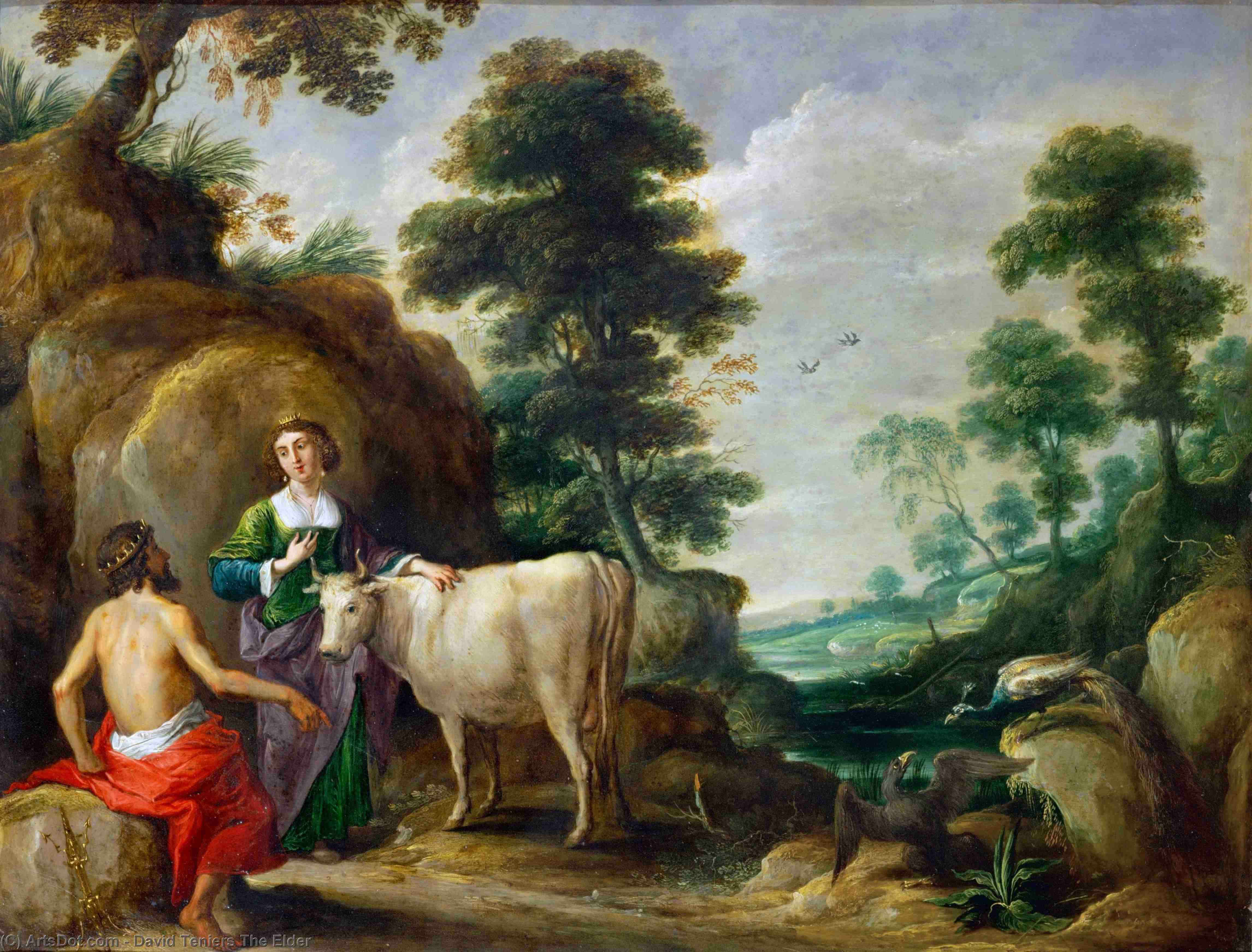 Wikioo.org - The Encyclopedia of Fine Arts - Painting, Artwork by David Teniers The Elder - Io, transformed into a cow, is handed to Juno by Jupiter