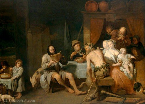 Wikioo.org - The Encyclopedia of Fine Arts - Painting, Artwork by David The Younger Ryckaert - Fable of the satyr and the peasant family