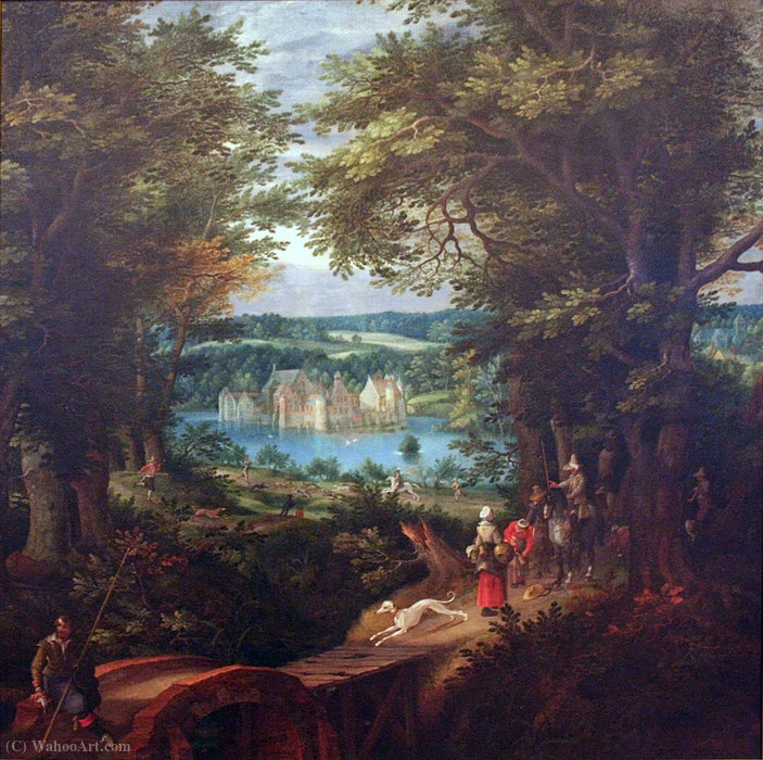 Wikioo.org - The Encyclopedia of Fine Arts - Painting, Artwork by Denis Van Alsloot - Landschap met waterburcht en jachttafereel