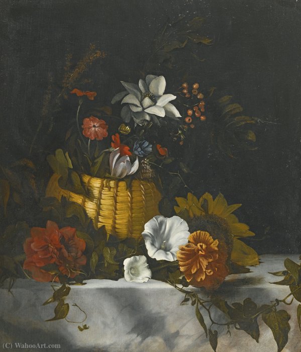 WikiOO.org - Encyclopedia of Fine Arts - Lukisan, Artwork Dirck De Bray - A still life of a basket of flowers on a large marble ledge