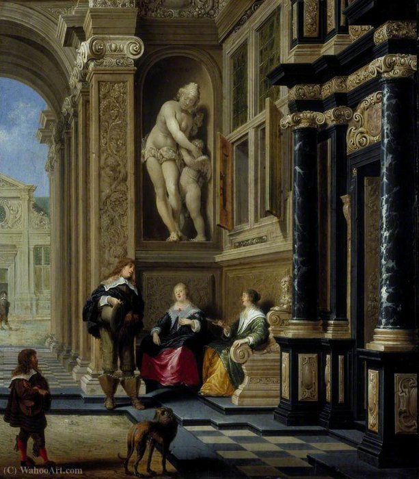 Wikioo.org – La Enciclopedia de las Bellas Artes - Pintura, Obras de arte de Dirck Van Delen - Una conversación en un palacio Patio