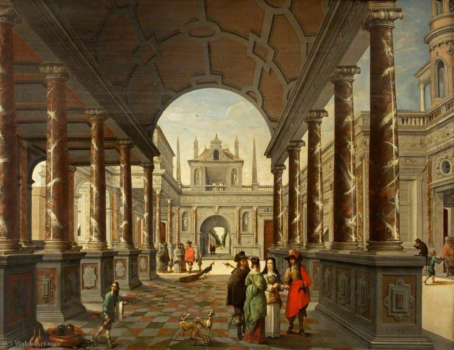 Wikioo.org - The Encyclopedia of Fine Arts - Painting, Artwork by Dirck Van Delen - Perspective Fantasy of a Palace, with Elegant Figures