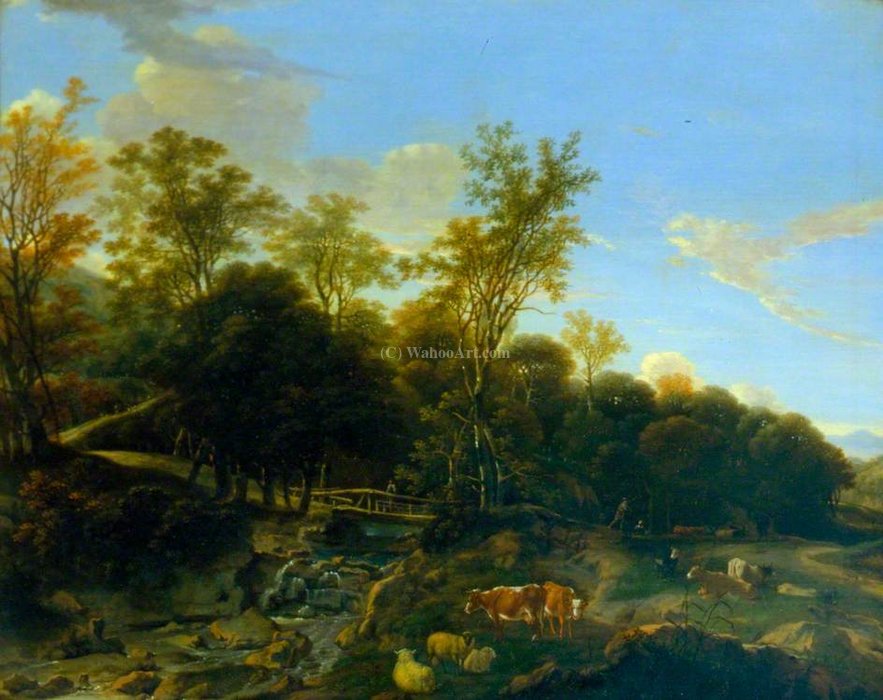 Wikioo.org - The Encyclopedia of Fine Arts - Painting, Artwork by Dirck Van Der Lisse - Landscape with a Rustic Bridge and Cattle