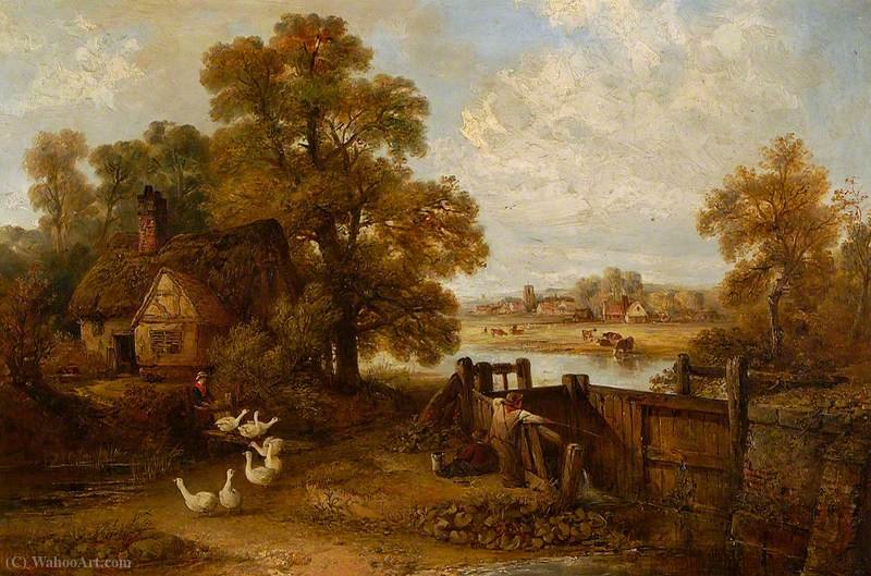Wikioo.org - The Encyclopedia of Fine Arts - Painting, Artwork by Edward Robert Smythe - Suffolk Scene, a Cottage and Some Geese
