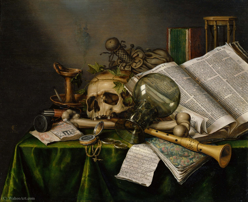 WikiOO.org – 美術百科全書 - 繪畫，作品 Edwart Collier (Evert Colyer) - VANITAS - 静物与书籍和手稿和骷髅