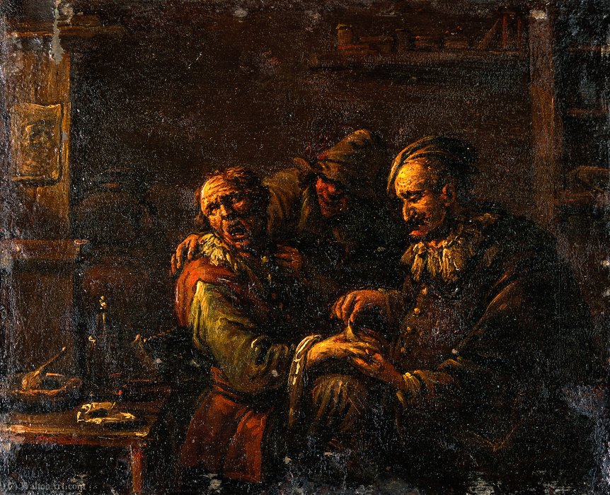 Wikioo.org - The Encyclopedia of Fine Arts - Painting, Artwork by Egbert Jaspersz Van Heemskerck - A man removing a plaster from the back of a man's hand.