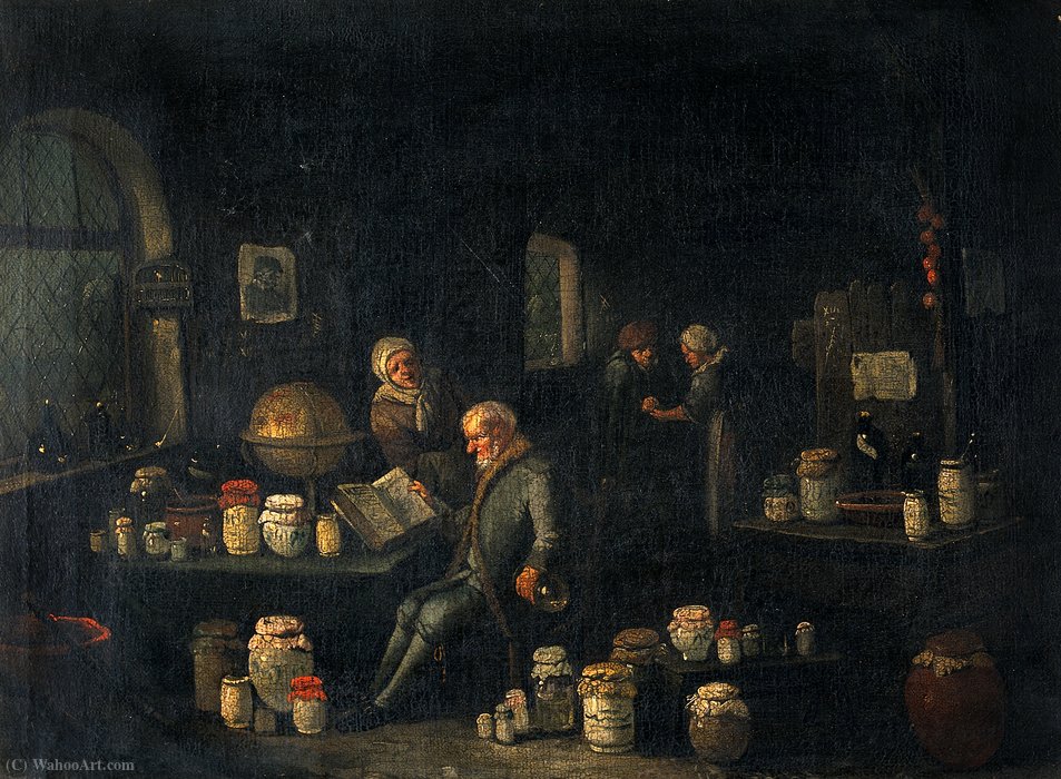 Wikioo.org - The Encyclopedia of Fine Arts - Painting, Artwork by Egbert Jaspersz Van Heemskerck - An old man consulting a book and holding a flask in a room with many pharmacy jars.
