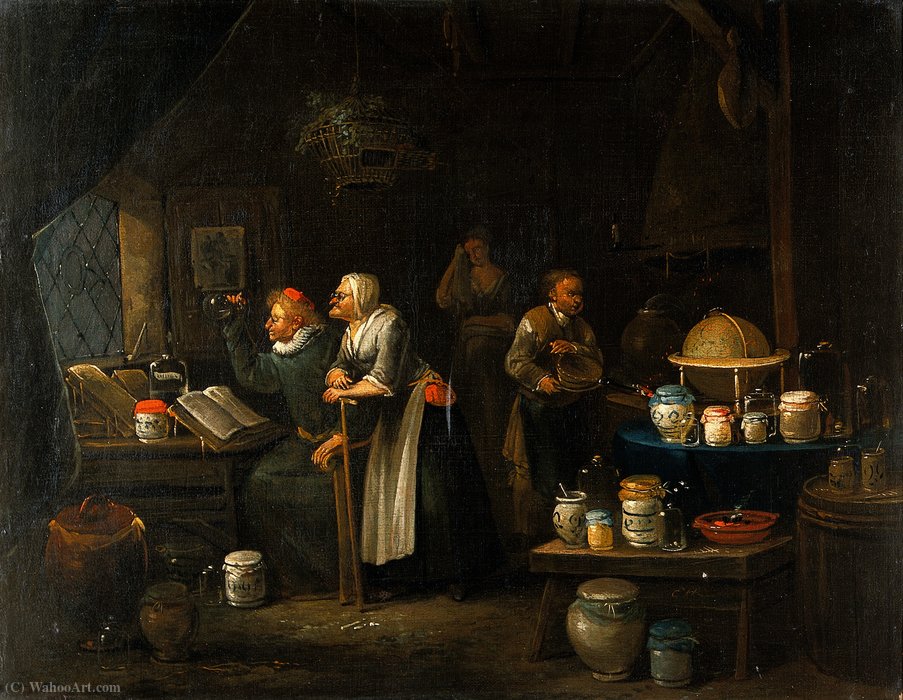 Wikioo.org - The Encyclopedia of Fine Arts - Painting, Artwork by Egbert Jaspersz Van Heemskerck - Interior with doctor, assistant, old woman and girl.