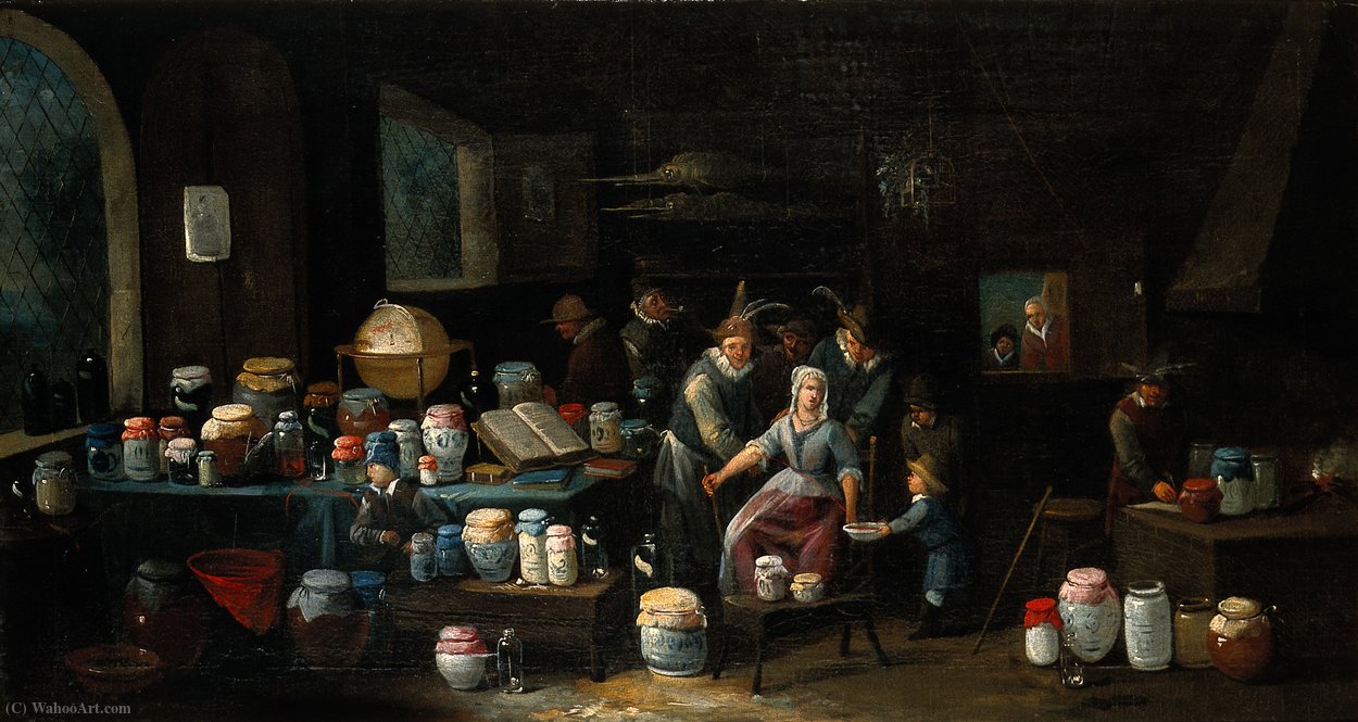 Wikioo.org - The Encyclopedia of Fine Arts - Painting, Artwork by Egbert Jaspersz Van Heemskerck - Operators letting blood from the arm of a woman in a room crowded with pharmacy jars.
