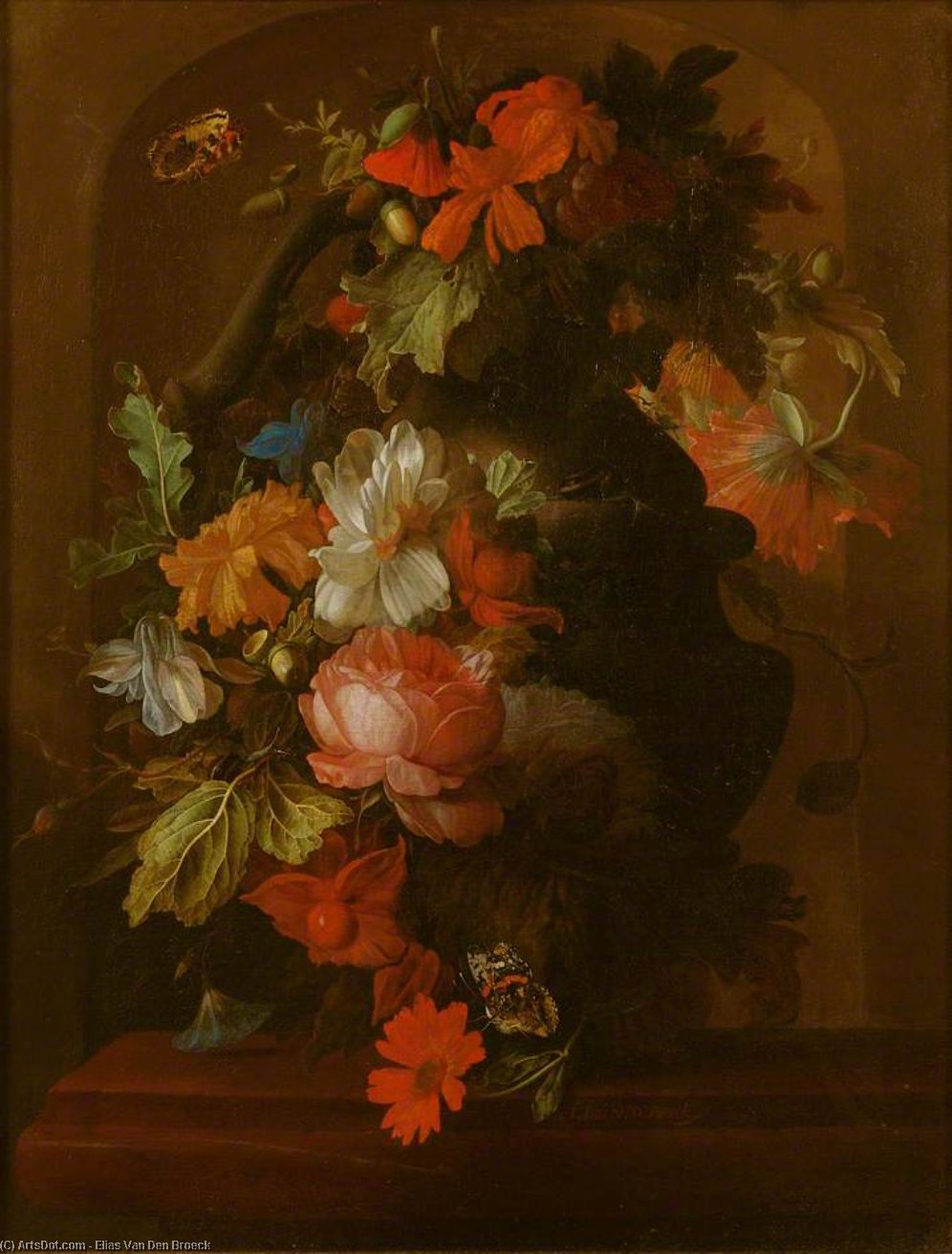 Wikioo.org - The Encyclopedia of Fine Arts - Painting, Artwork by Elias Van Den Broeck - Still Life with Flowers and Butterflies