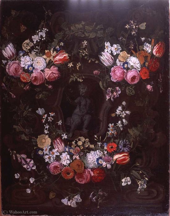 Wikioo.org - The Encyclopedia of Fine Arts - Painting, Artwork by Erasmus Ii Quellinus - Garland of flowers surrounding cherub in grisaille.