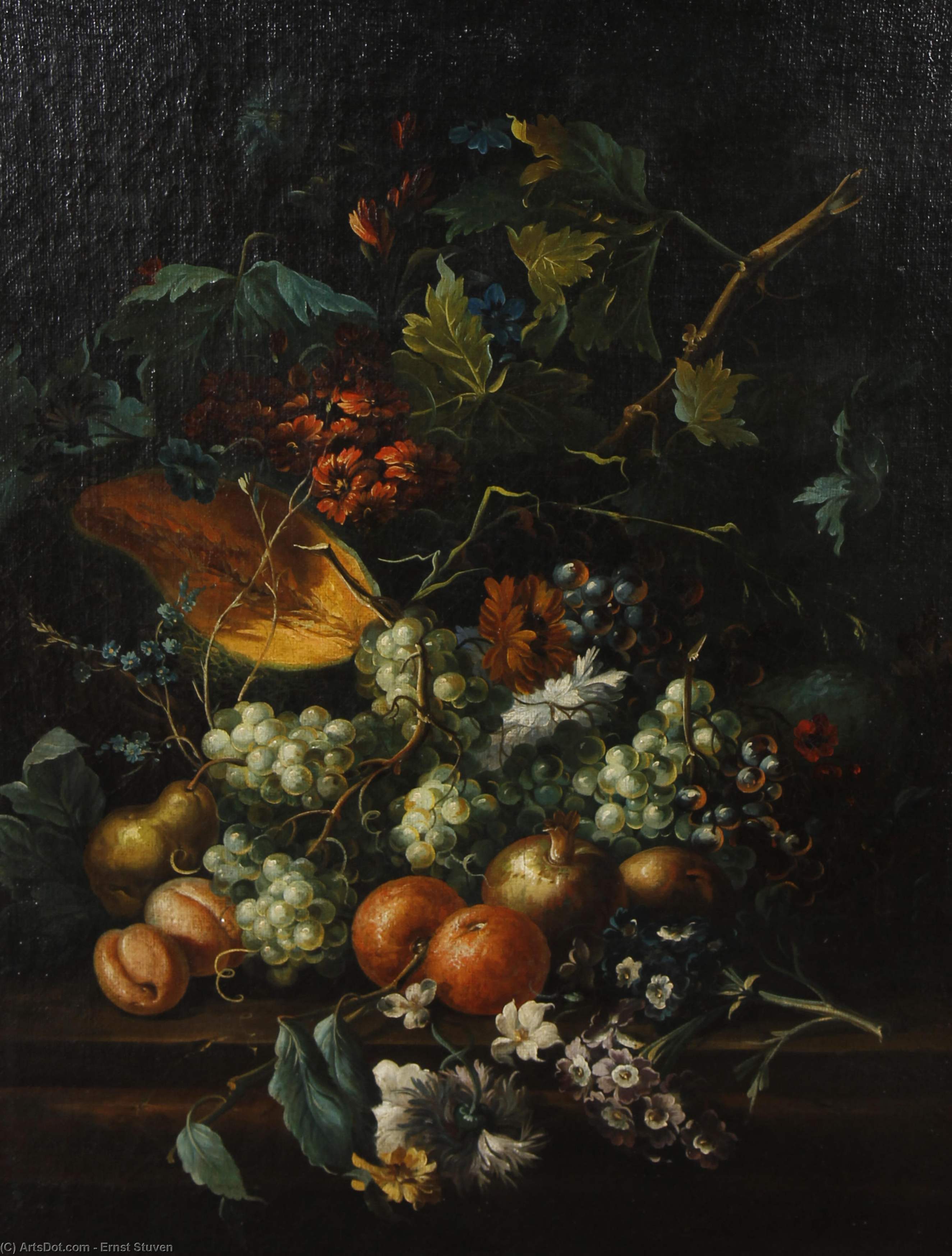 Wikioo.org - The Encyclopedia of Fine Arts - Painting, Artwork by Ernst Stuven - Still life of grapes, a pumpkin, pomegranates, primroses and other flowers on a table ledge