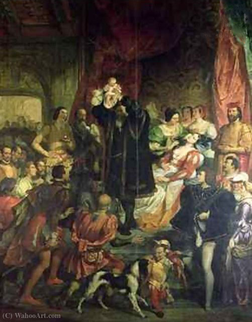 Wikioo.org - The Encyclopedia of Fine Arts - Painting, Artwork by Eugene Francois Marie Joseph Deveria - The Birth of Henri IV at the castle of Pau (1610)