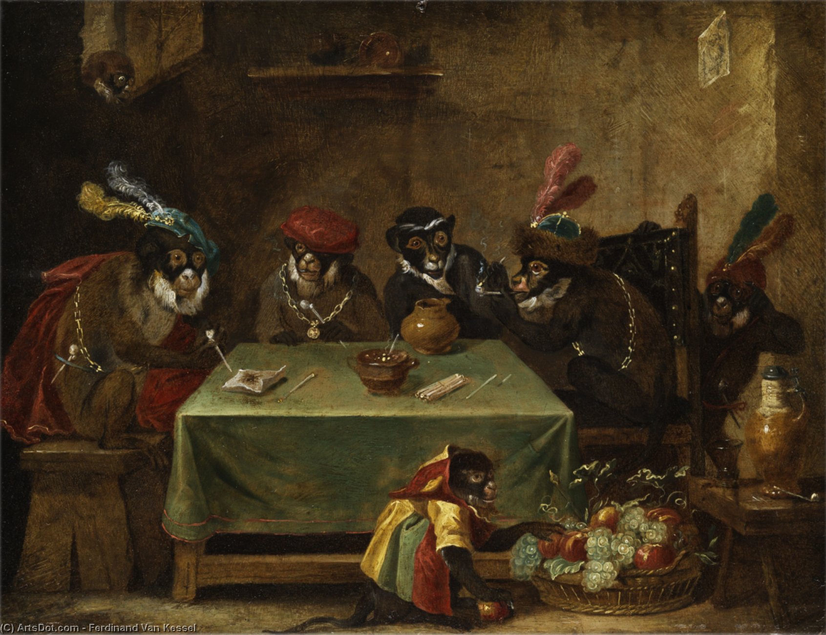 Wikioo.org - The Encyclopedia of Fine Arts - Painting, Artwork by Ferdinand Van Kessel - The tobacco smoking monkey round