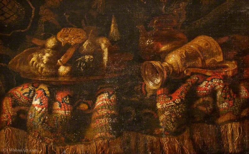 Wikioo.org - The Encyclopedia of Fine Arts - Painting, Artwork by Francesco Fieravino (Il Maltese) - Still Life with a Rich Rug, a Gold Plate, a Nautillus Shell Cup Topped with a Cupid and a Bust of Diana