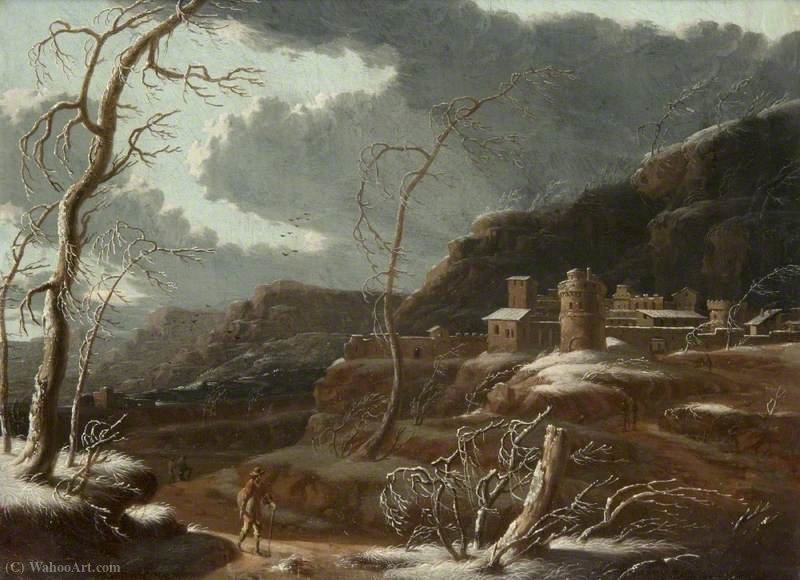 Wikioo.org – La Enciclopedia de las Bellas Artes - Pintura, Obras de arte de Francesco Foschi - Un paisaje de invierno con edificios fortificados
