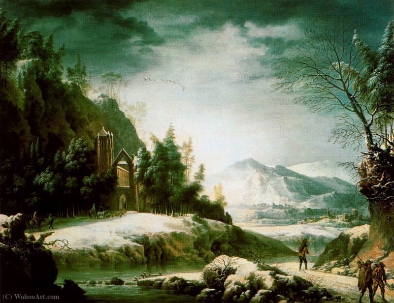 Wikioo.org - The Encyclopedia of Fine Arts - Painting, Artwork by Francesco Foschi - Winter landscape in the Apennines with ruined temple,