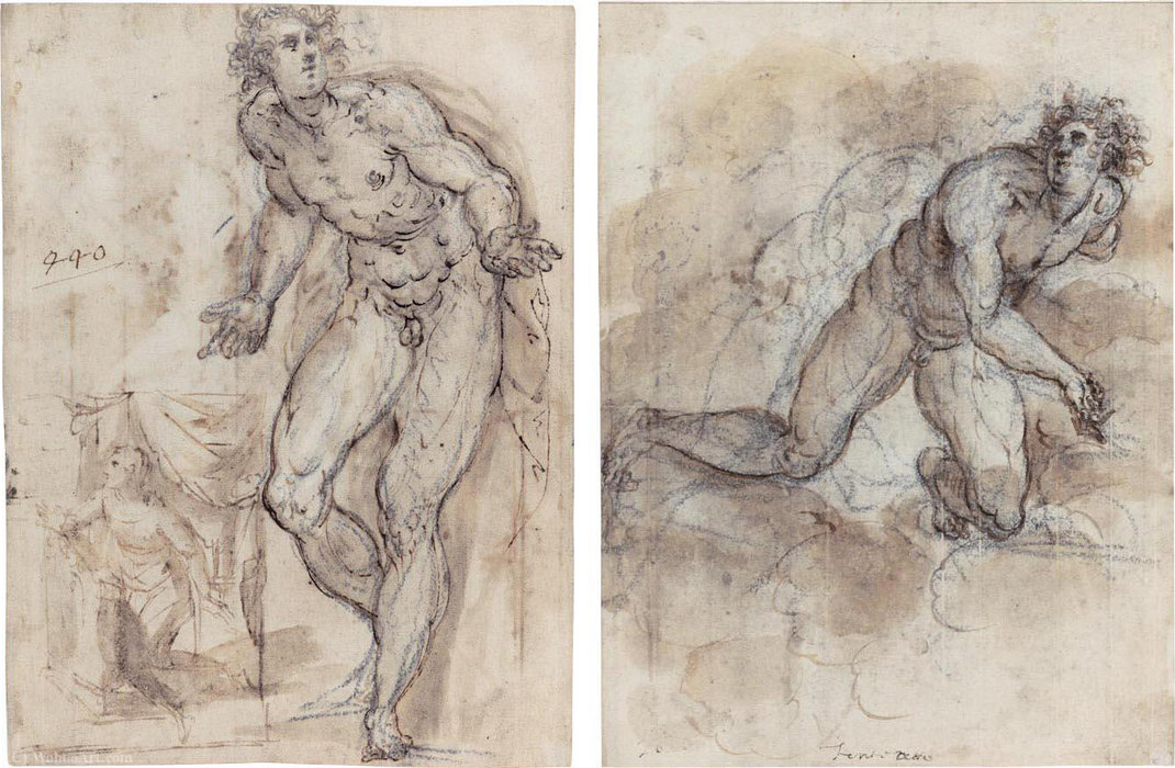 Wikioo.org - The Encyclopedia of Fine Arts - Painting, Artwork by Francesco Maffei - Study of a male nude and a small sketch of the virgin annunciate