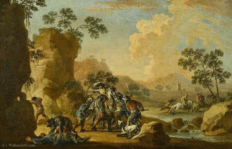 Wikioo.org - The Encyclopedia of Fine Arts - Painting, Artwork by Francesco Simonini - Brigands Ambushing Riders in a River Landscape