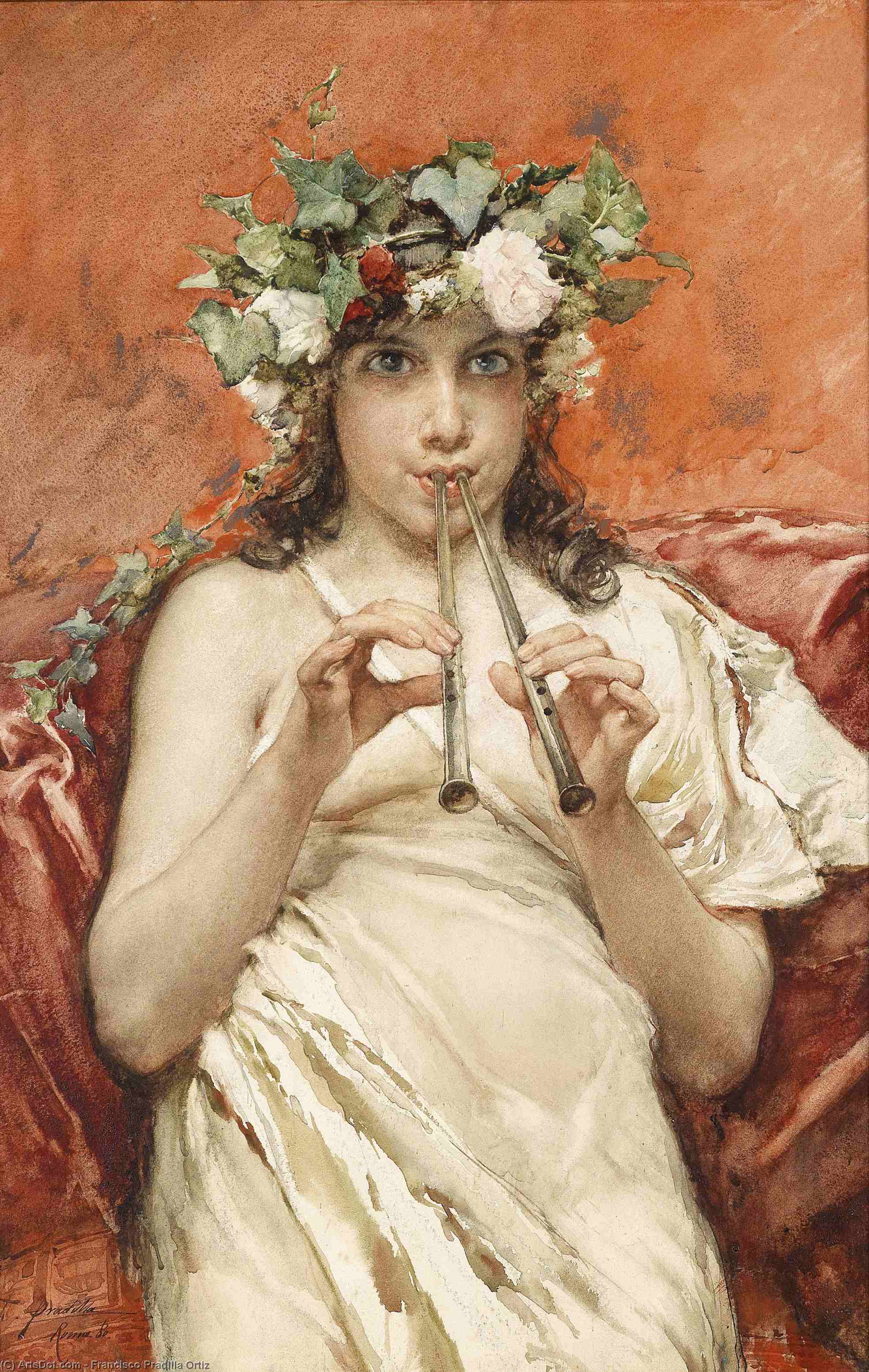 Wikioo.org - The Encyclopedia of Fine Arts - Painting, Artwork by Francisco Pradilla Ortiz - Flute-playing boy with ivy in her hair