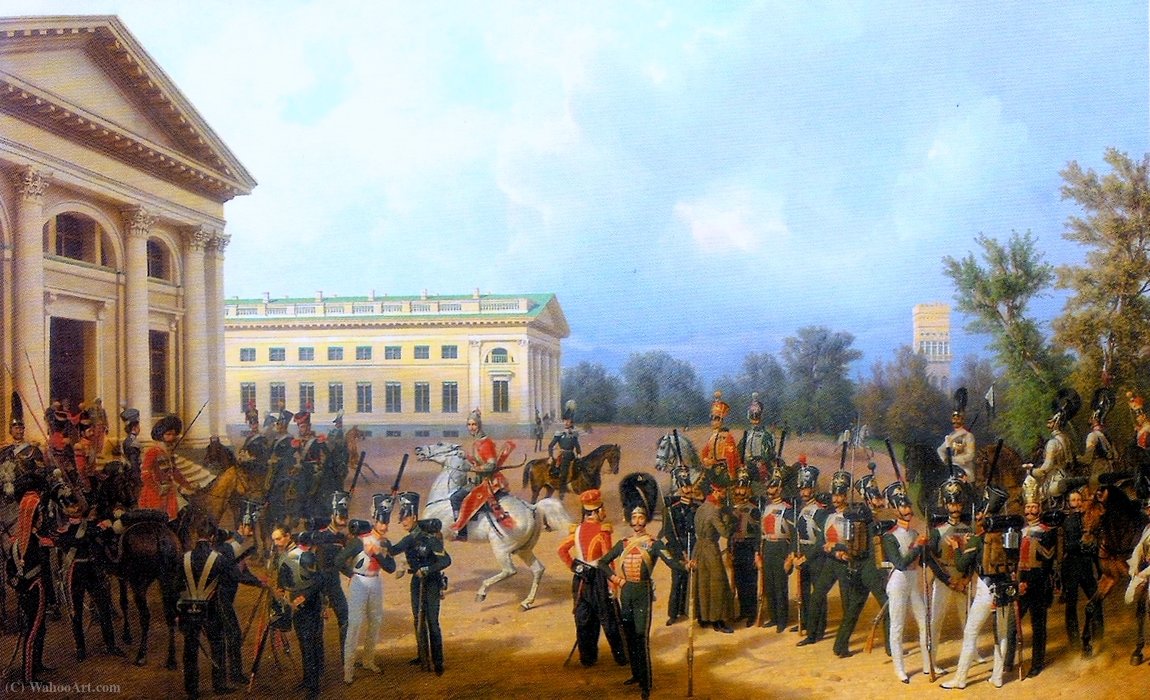 Wikoo.org - موسوعة الفنون الجميلة - اللوحة، العمل الفني Franz Krüger - Russian Guards at Tsarskoye Selo in (1832(8))