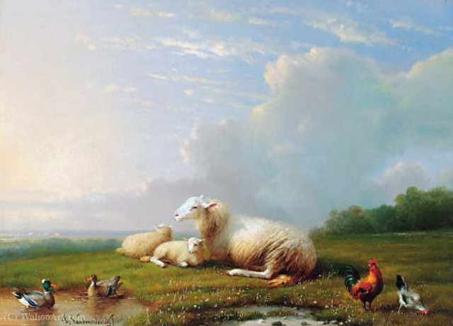 Wikioo.org - The Encyclopedia of Fine Arts - Painting, Artwork by Franz Van Severdonck - Sheep grazing with chickens and ducks