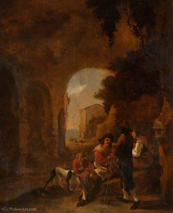 Wikioo.org - The Encyclopedia of Fine Arts - Painting, Artwork by Frederik De Moucheron - Roman Peasants Conversing in a Grotto amongst Ruins