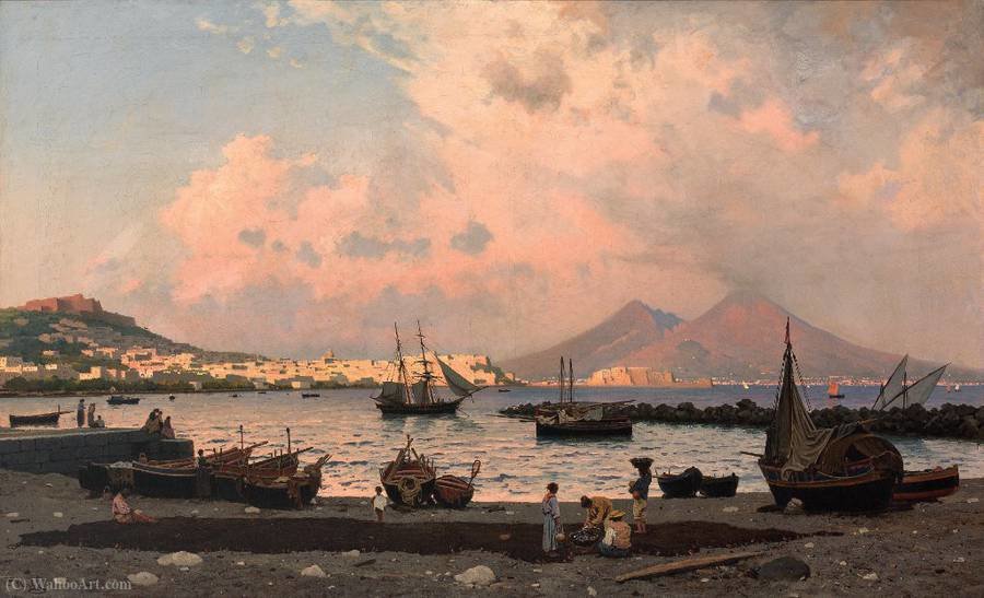 Wikioo.org - The Encyclopedia of Fine Arts - Painting, Artwork by Friedrich Nerly - View over the Gulf of Naples on the city and Mount Vesuvius
