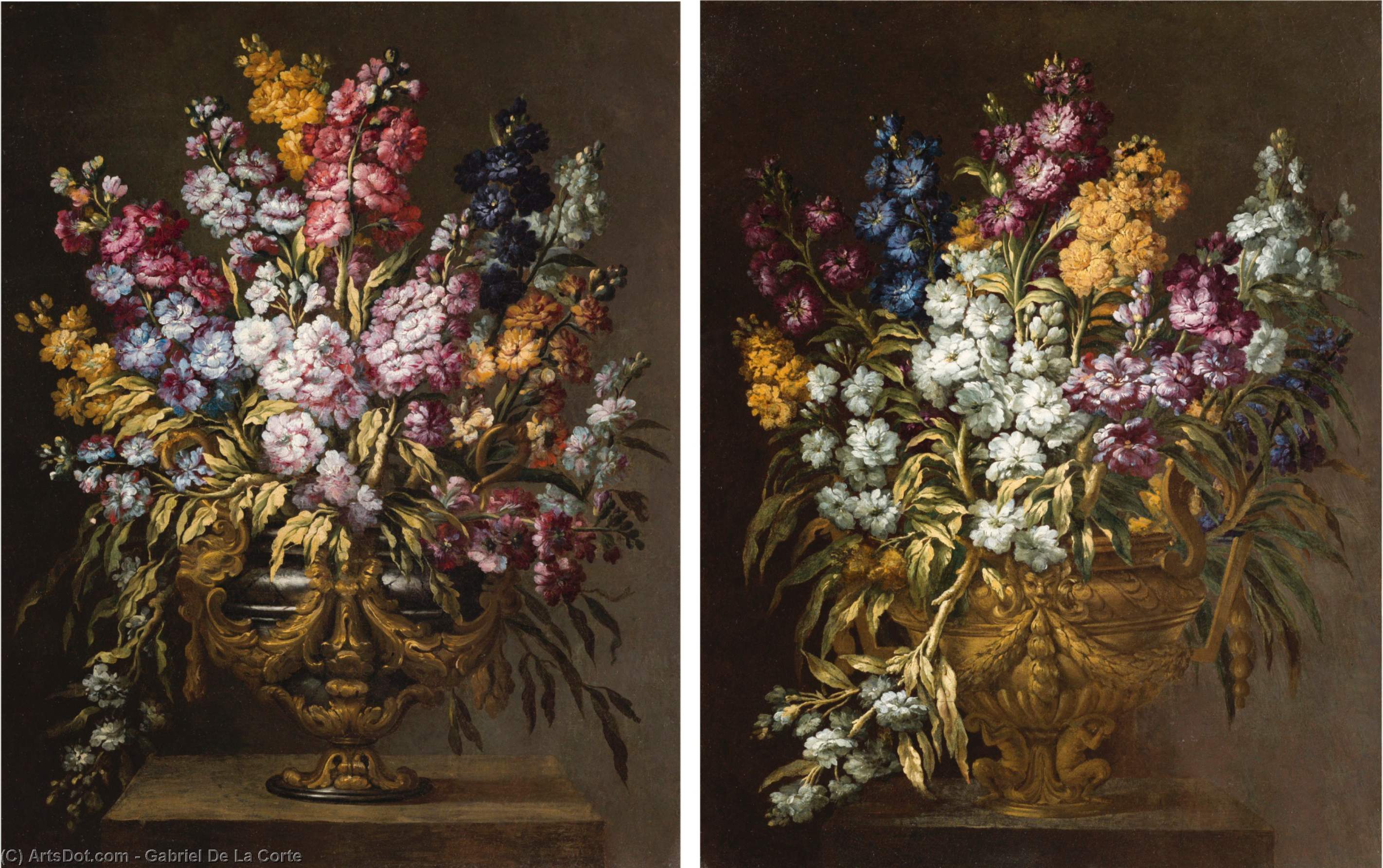 Wikioo.org - The Encyclopedia of Fine Arts - Painting, Artwork by Gabriel De La Corte - A pair of still lifes of flowers in elaborate gilt urns, each on a stone pedestal