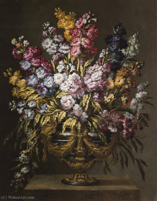 Wikioo.org – L'Encyclopédie des Beaux Arts - Peinture, Oeuvre de Gabriel De La Corte - Une paire de natures mortes de fleurs dans des urnes dorés élaborés, chacun sur un socle de pierre