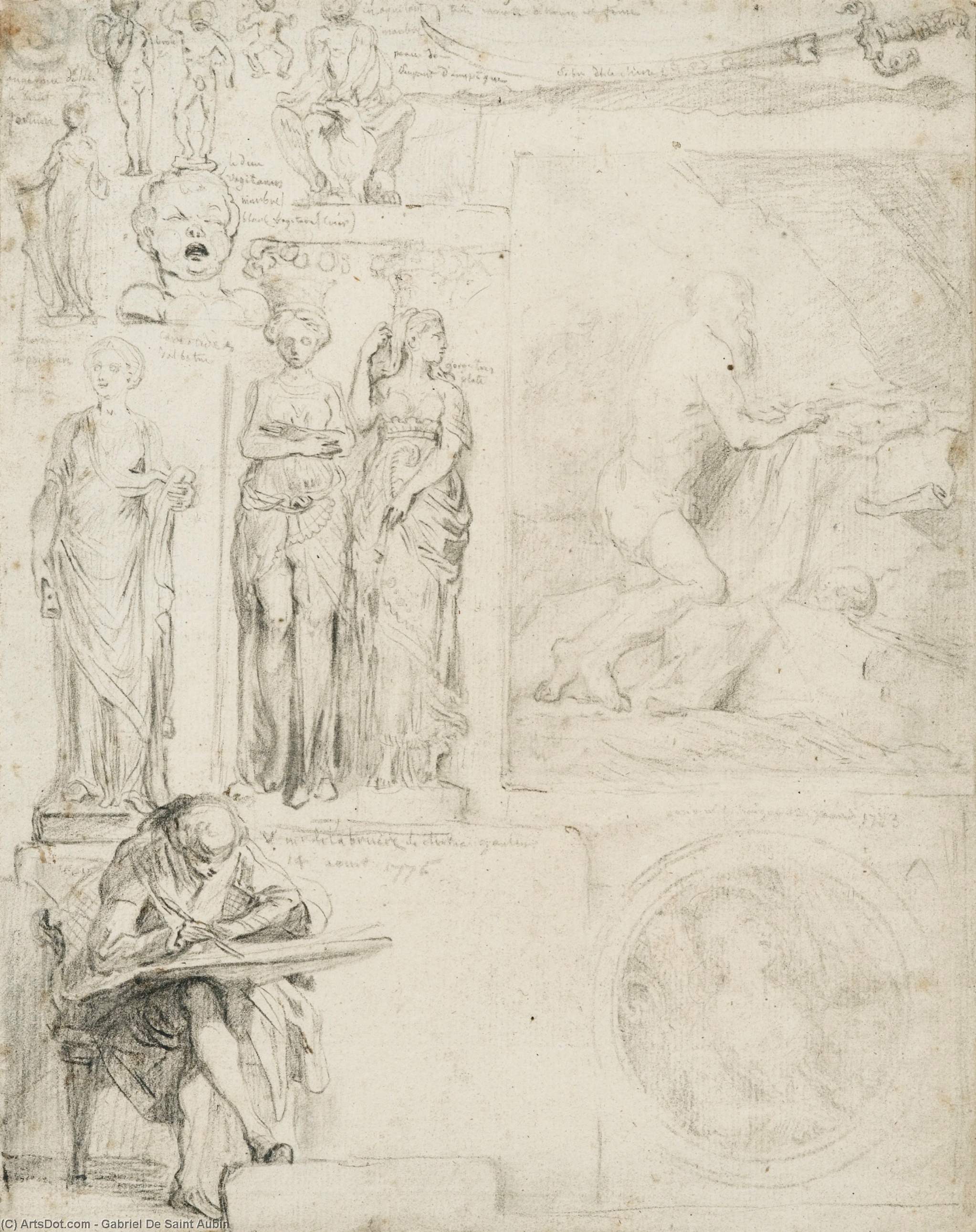 WikiOO.org - Εγκυκλοπαίδεια Καλών Τεχνών - Ζωγραφική, έργα τέχνης Gabriel Jacques De Saint Aubin - Page of sketches, foreground a draftsman seated, his portfolio on his knees.