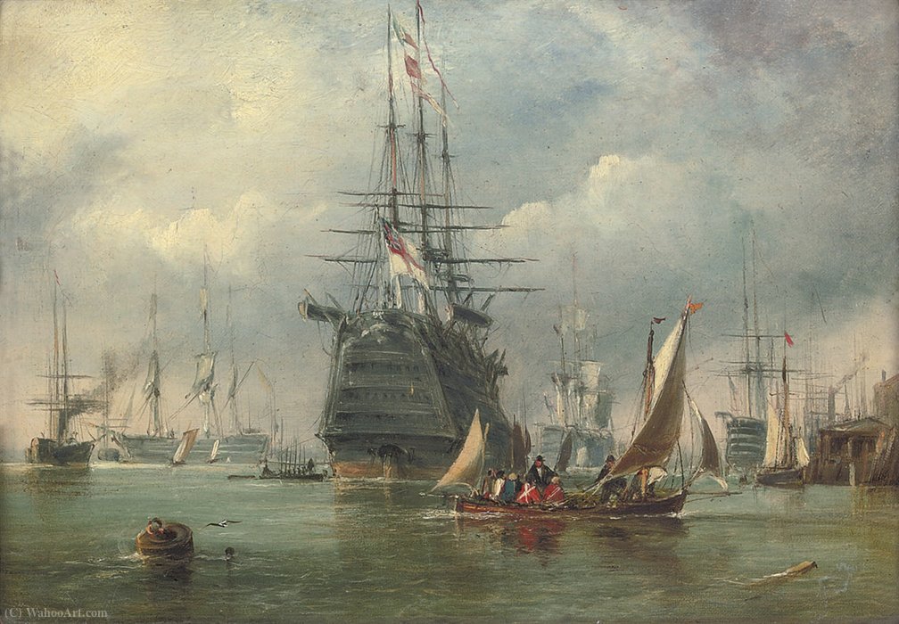 Wikioo.org – La Enciclopedia de las Bellas Artes - Pintura, Obras de arte de George The Elder Chambers - Una gran primera clase y otros buques de guerra surtos en el puerto de Portsmouth