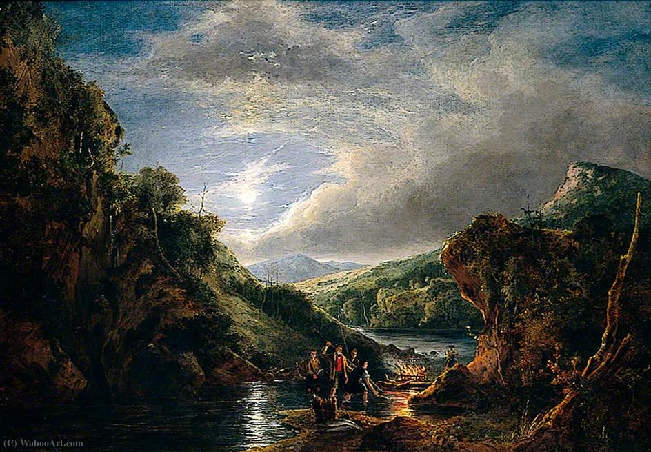 WikiOO.org - Enciklopedija dailės - Tapyba, meno kuriniai George Vincent - Entrance to Loch Katrine, Moonlight, Highlanders Spearing Salmon