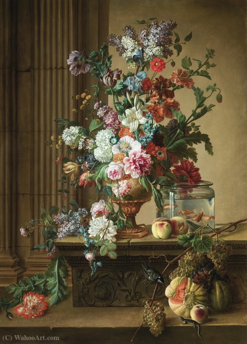 Wikioo.org - The Encyclopedia of Fine Arts - Painting, Artwork by Gerard Van Spaendonck - An elaborate still life of flowers in an urn resting on a stone ledge with goldfish in a glass bowl,