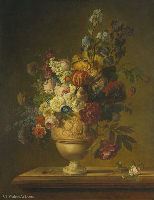 Wikioo.org - สารานุกรมวิจิตรศิลป์ - จิตรกรรม Gerard Van Spaendonck - Flowers in a basket on a marble ledge